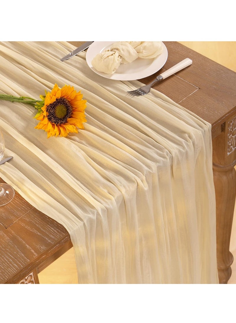 FLYROAD Beige Cheesecloth Table Runner Spring Sheer Cream Cheese Cloth Table Runner Gauze 90*300CM Long Boho Summer Table Decorations for Wedding Bridal Baby Shower Garden Party Decor - Image 3