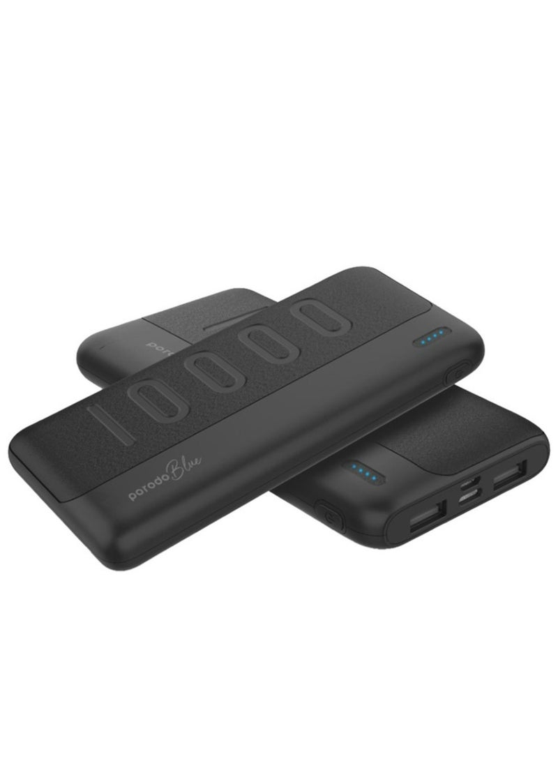 porodo Blue 10000mAh Slim Power Bank with Dual USB-A Output, Lightweight & Compact Design, Type-C Input, LED Indicator - Black - Image 2