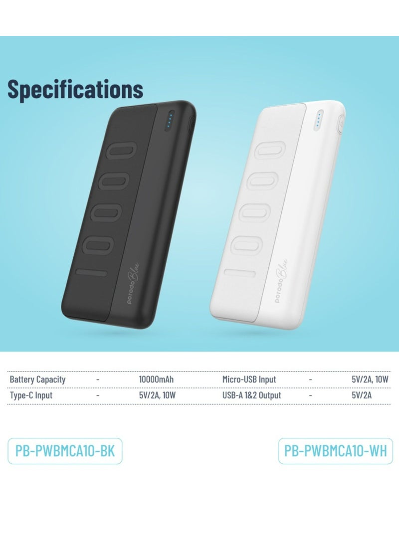 porodo Blue 10000mAh Slim Power Bank with Dual USB-A Output, Lightweight & Compact Design, Type-C Input, LED Indicator - Black - Image 3