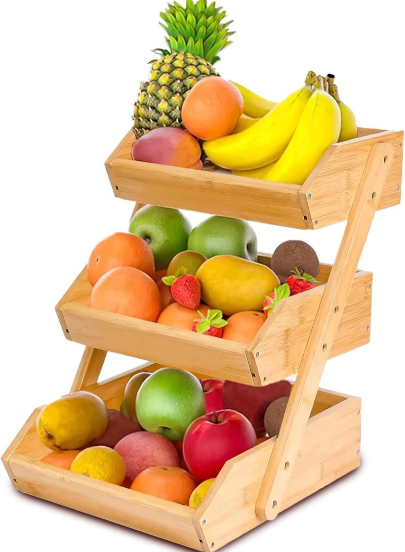 Raxoom Large 3 Tier Bamboo Fruit Basket Stand for Kitchen Countertop – Fruit Holder – Perfect for Bread, Vegetables, Produce, Home Storage and Display - Image 1