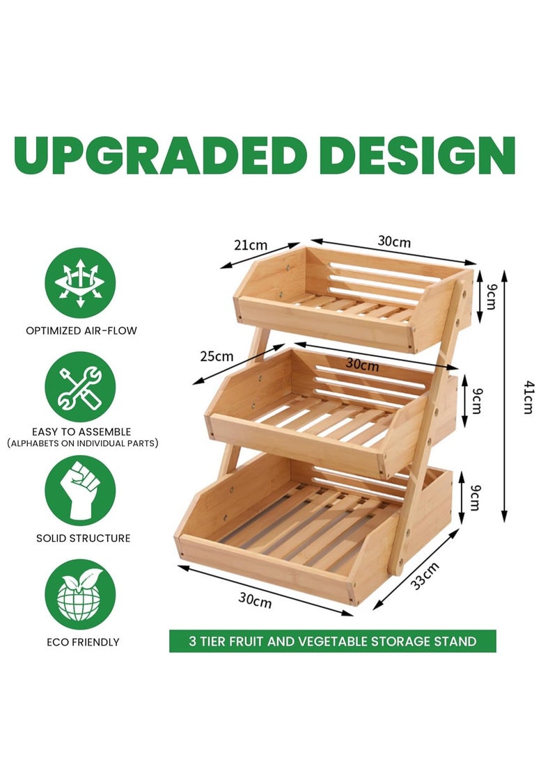 Raxoom Large 3 Tier Bamboo Fruit Basket Stand for Kitchen Countertop – Fruit Holder – Perfect for Bread, Vegetables, Produce, Home Storage and Display - Image 2