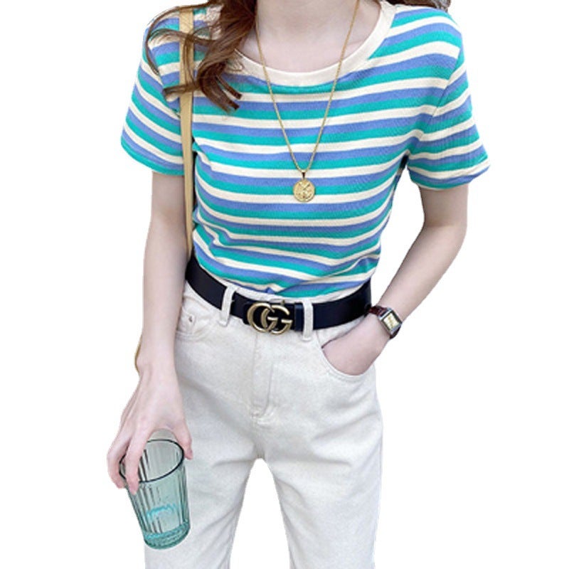 Internet Celebrity Striped Short-sleeved T-shirt Women's 2021 Summer New Women's Slim-fit Top Korean-style Base Shirt for Students - Image 2