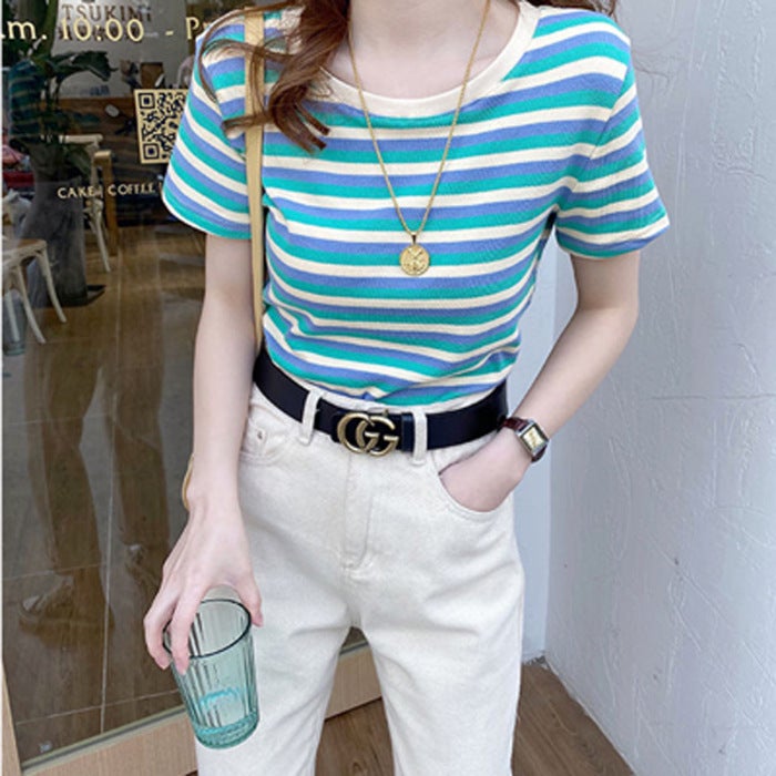 Internet Celebrity Striped Short-sleeved T-shirt Women's 2021 Summer New Women's Slim-fit Top Korean-style Base Shirt for Students - Image 1