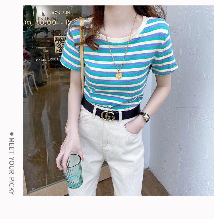 Internet Celebrity Striped Short-sleeved T-shirt Women's 2021 Summer New Women's Slim-fit Top Korean-style Base Shirt for Students - Image 4