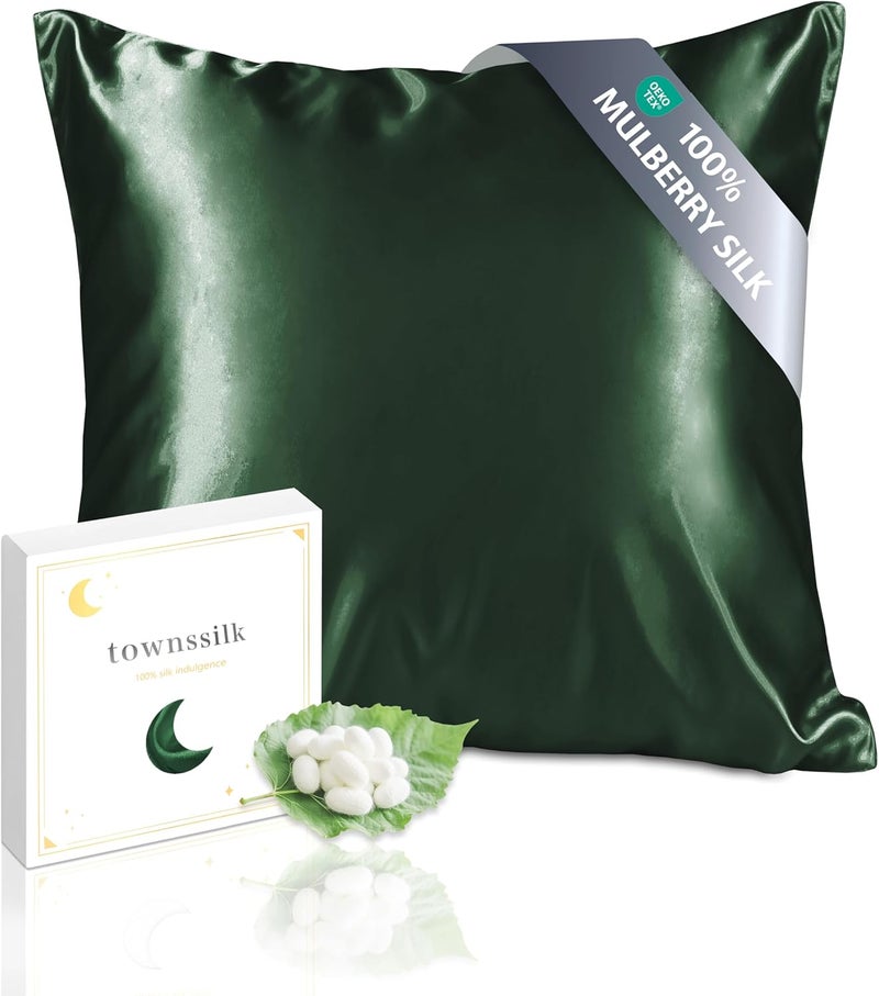 townssilk Both Sides 100% 19 mm Pure Mulberry Silk Pillow Case for Hair and Skin Health, 1 Piece 80 x 80 cm Size Pillowcase with Hidden Zip 600 Thread Count Emerald - Image 1