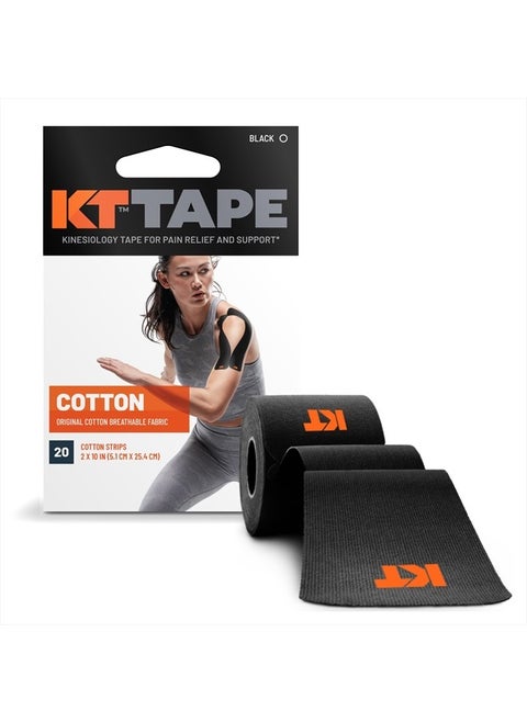 , Original Cotton, Elastic Kinesiology Athletic Tape, 20 Count, 10” Precut Strips, Black