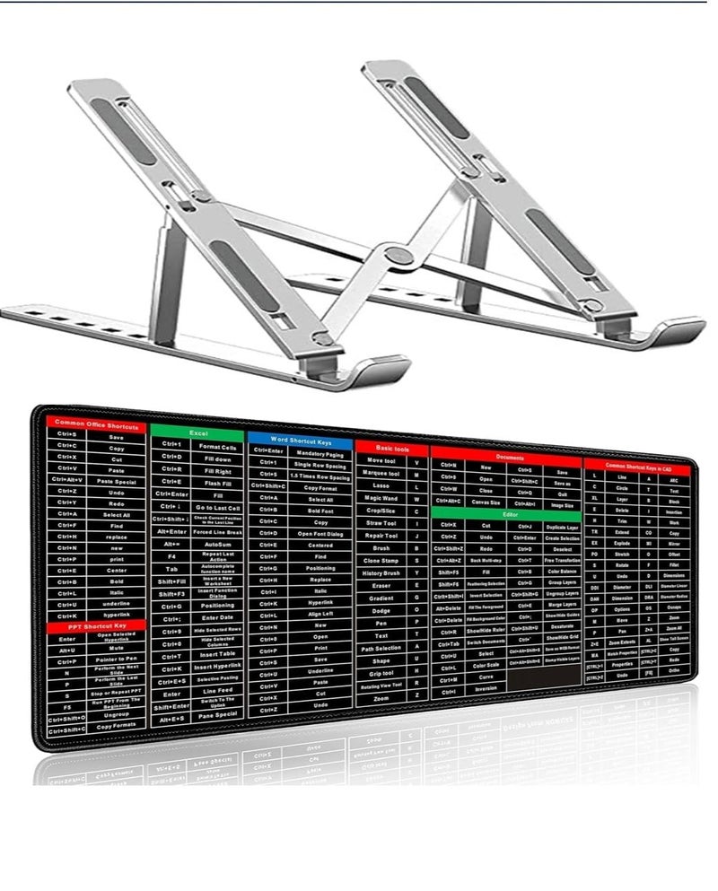 SAMRUKZONE SRZ POSTURITE Ergonomic Laptop Stand Aluminium Alloy Body 7 Level Height Adjustment Silver Colour SRZ Keyboard Mousepad with shortcut keys MS Office CAD Stitched Edge Large 80 x 30 cm