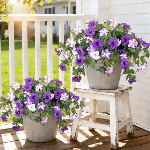Ammyoo 4 Pcs Artificial Fake Petunia Flowers for Outdoor Decoration Faux Silk Petunias Flower for Spring UV Resistant No Fade Realistic Plants for Garden Balcony Yard Porch Indoor DecorPurple White - Image 1