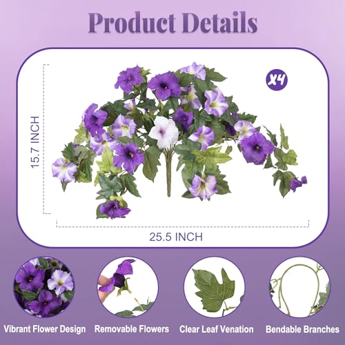Ammyoo 4 Pcs Artificial Fake Petunia Flowers for Outdoor Decoration Faux Silk Petunias Flower for Spring UV Resistant No Fade Realistic Plants for Garden Balcony Yard Porch Indoor DecorPurple White - Image 3