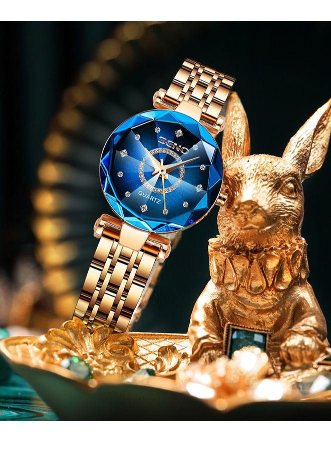 SENO ساعة نسائية من الفولاذ المقاوم للصدأ مقاومة للماء + ذهب وردي - أزرق - Image 2