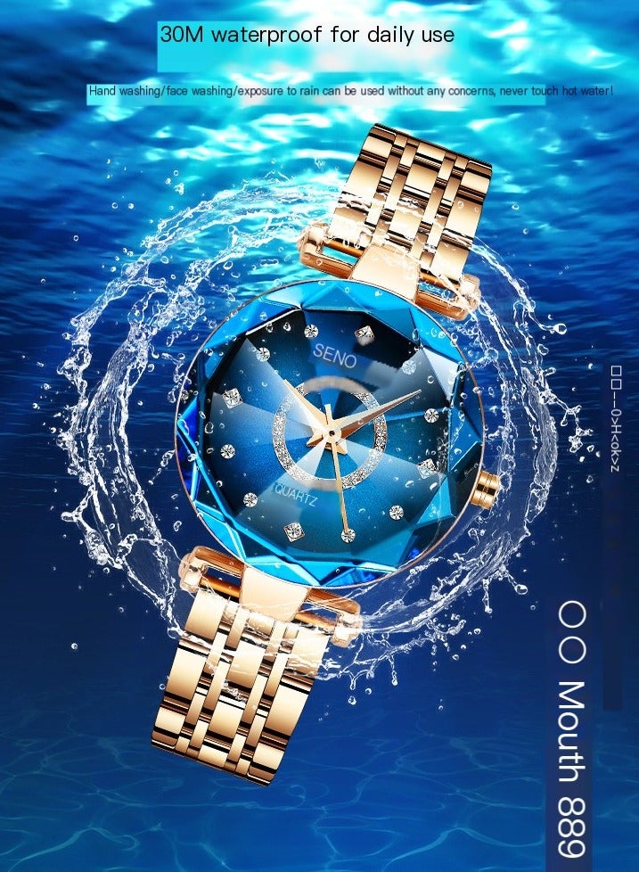 SENO ساعة نسائية من الفولاذ المقاوم للصدأ مقاومة للماء + ذهب وردي - أزرق - Image 4