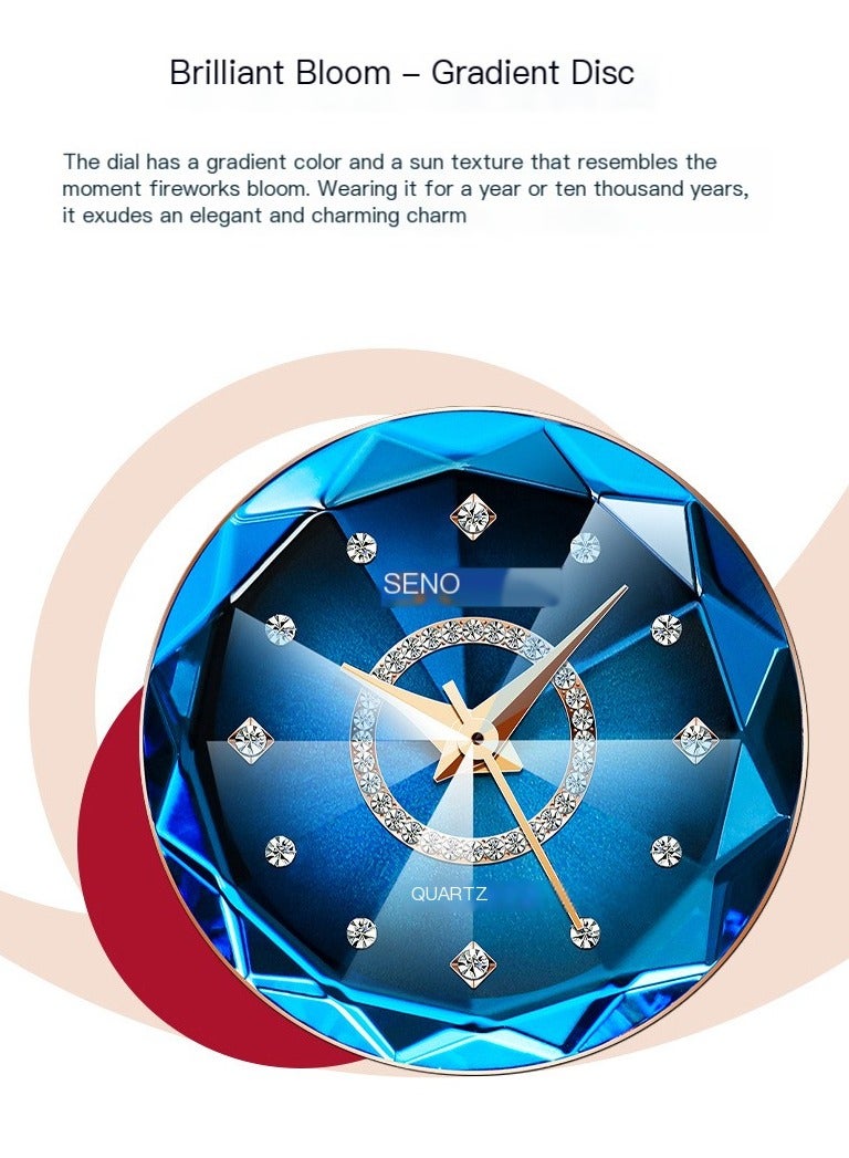 SENO ساعة نسائية من الفولاذ المقاوم للصدأ مقاومة للماء + ذهب وردي - أزرق - Image 5
