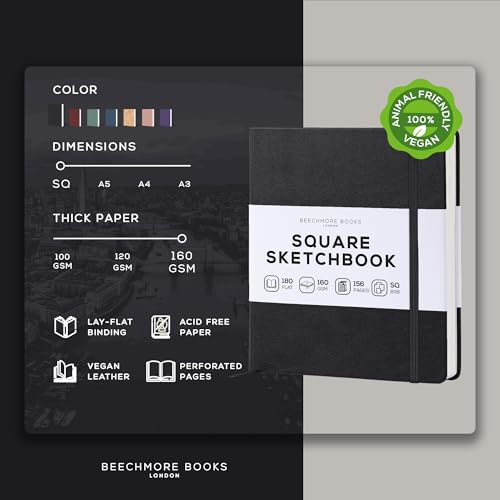 Beechmore Books Square Mixed Media Sketchbook 8x8 Professional Art Journal 160 GSM 98 lb Ivory Paper Perforated Pages Vegan Leather Hardcover LayFlat Design for Drawing Doodling - Image 3