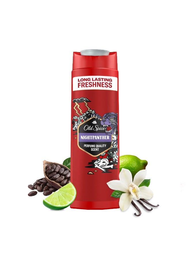 Night Panther 3-in-1 Shower Gel & Shampoo for Men, Long-Lasting Fresh Fragrance in Perfume Quality, Deep Cleansing for Hair, Facial Body, Gentle Skin Feeling Scent of Citrus Vanilla 400 ML