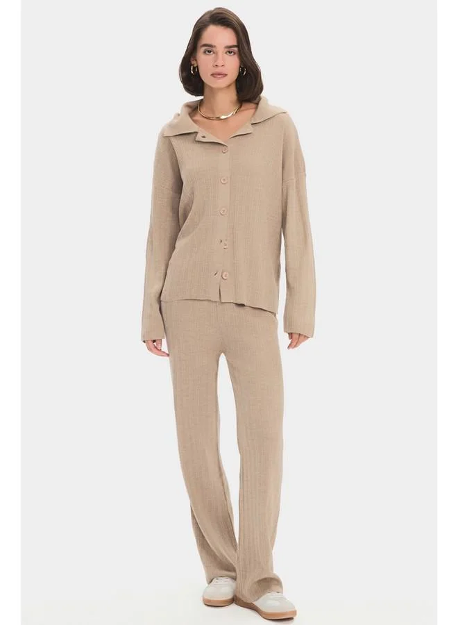 JUNE June Women Wide Fit Ribbed Knit Shirt Trouser Set Mink
