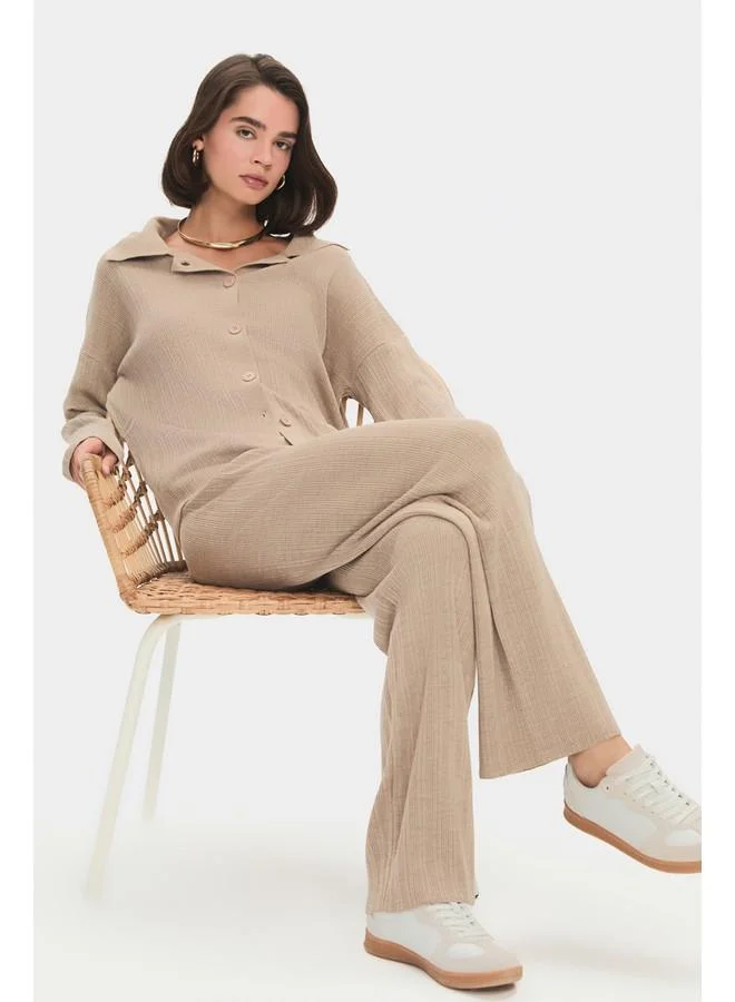 JUNE June Women Wide Fit Ribbed Knit Shirt Trouser Set Mink