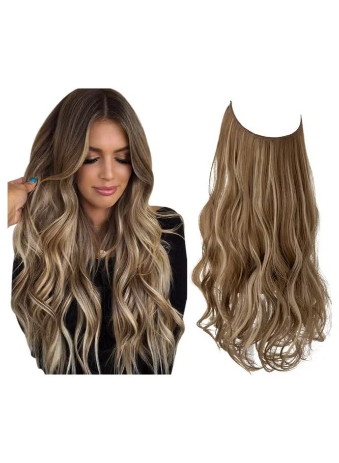 Wavy Curly Highlight Hair Extension Synthetic Invisible Wire Hairpiece Short 14 Inch - Image 1