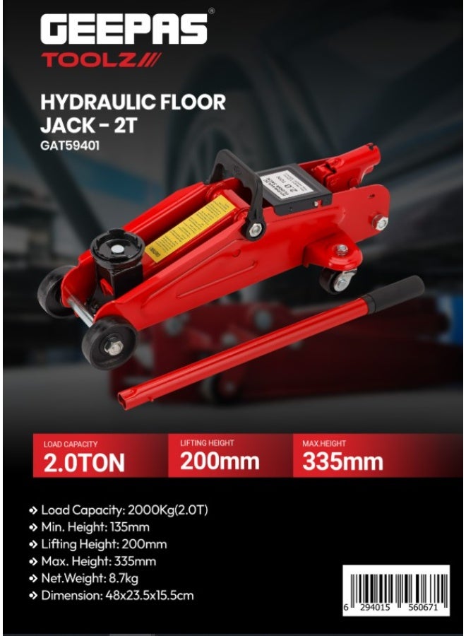 Geepas Hydraulic Floor Jack- GAT59401/ 2 ton or 2000 kg Capacity, 135 to 335 mm Lifting Range/ with Wheels, Perfect for Car, Pickup Truck, Truck, RV, Auto Repair, Industrial Engineering/ Red - Image 5