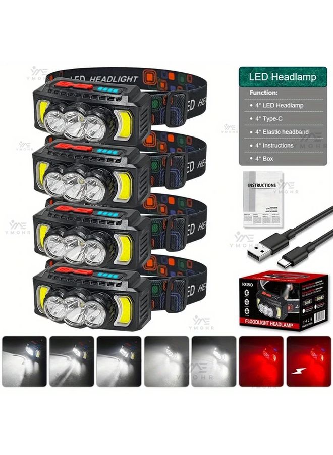 Black 4 Pcs Emergency Red Warning Headlamp 7 Modes 180 Adjustable Outdoor Camping Running Hiking - Image 1