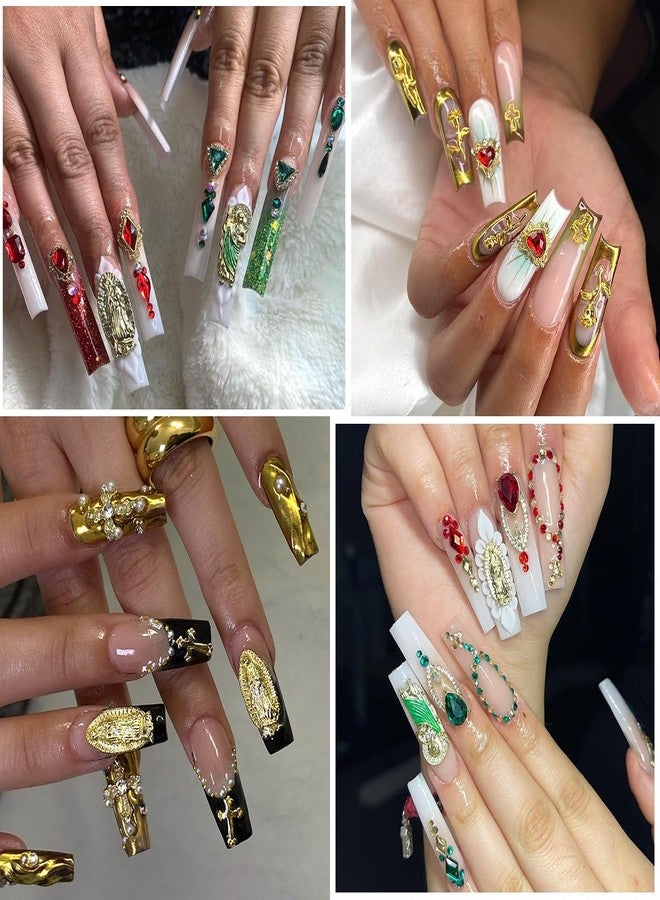 LCiclly 107pcs Virgin Mary Cross Gold Nail Charms Gems,San Judas Nail Charms 3D Alloy Heart Rose Angel Rhinestones for Acrylic Nail Art Religious Nail Stickers Manicure Decoration Supplies (Green, Red, Gold) - Image 3