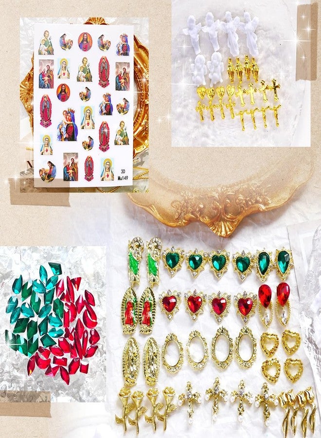 LCiclly 107pcs Virgin Mary Cross Gold Nail Charms Gems,San Judas Nail Charms 3D Alloy Heart Rose Angel Rhinestones for Acrylic Nail Art Religious Nail Stickers Manicure Decoration Supplies (Green, Red, Gold) - Image 2