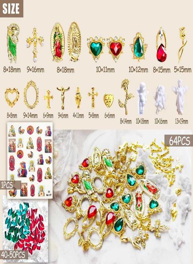 LCiclly 107pcs Virgin Mary Cross Gold Nail Charms Gems,San Judas Nail Charms 3D Alloy Heart Rose Angel Rhinestones for Acrylic Nail Art Religious Nail Stickers Manicure Decoration Supplies (Green, Red, Gold) - Image 5