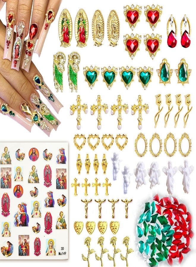 LCiclly 107pcs Virgin Mary Cross Gold Nail Charms Gems,San Judas Nail Charms 3D Alloy Heart Rose Angel Rhinestones for Acrylic Nail Art Religious Nail Stickers Manicure Decoration Supplies (Green, Red, Gold) - Image 1