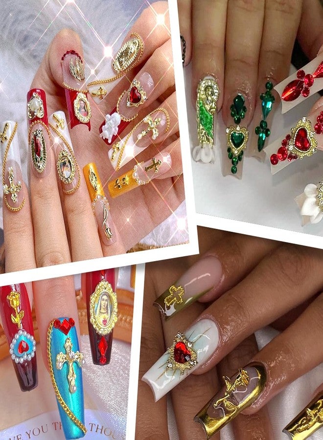 LCiclly 107pcs Virgin Mary Cross Gold Nail Charms Gems,San Judas Nail Charms 3D Alloy Heart Rose Angel Rhinestones for Acrylic Nail Art Religious Nail Stickers Manicure Decoration Supplies (Green, Red, Gold) - Image 4