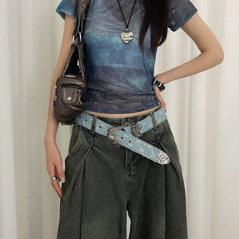 American Girl Y2K Blue Denim Belt Women'S Retro Carved Niche Design Belt Versatile Accessories High-End - Image 2