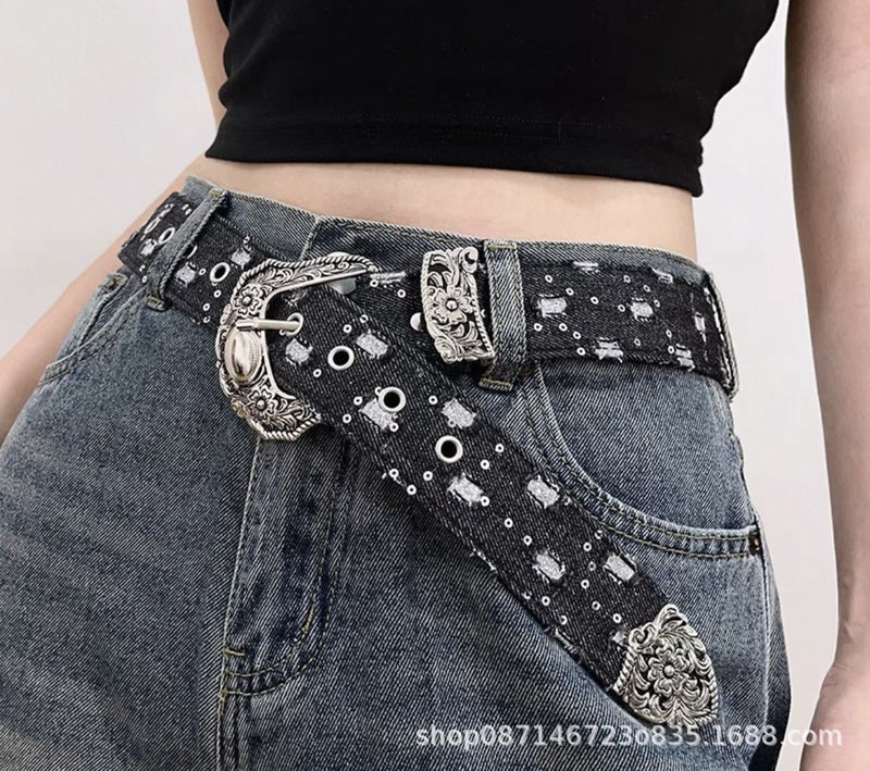 American Girl Y2K Blue Denim Belt Women'S Retro Carved Niche Design Belt Versatile Accessories High-End - Image 1