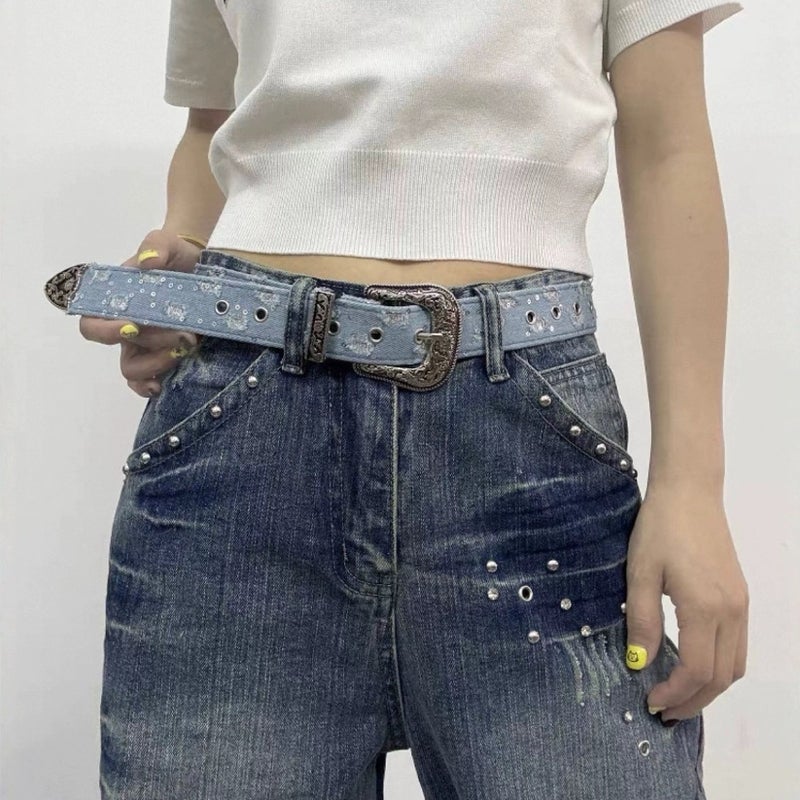 American Girl Y2K Blue Denim Belt Women'S Retro Carved Niche Design Belt Versatile Accessories High-End - Image 5