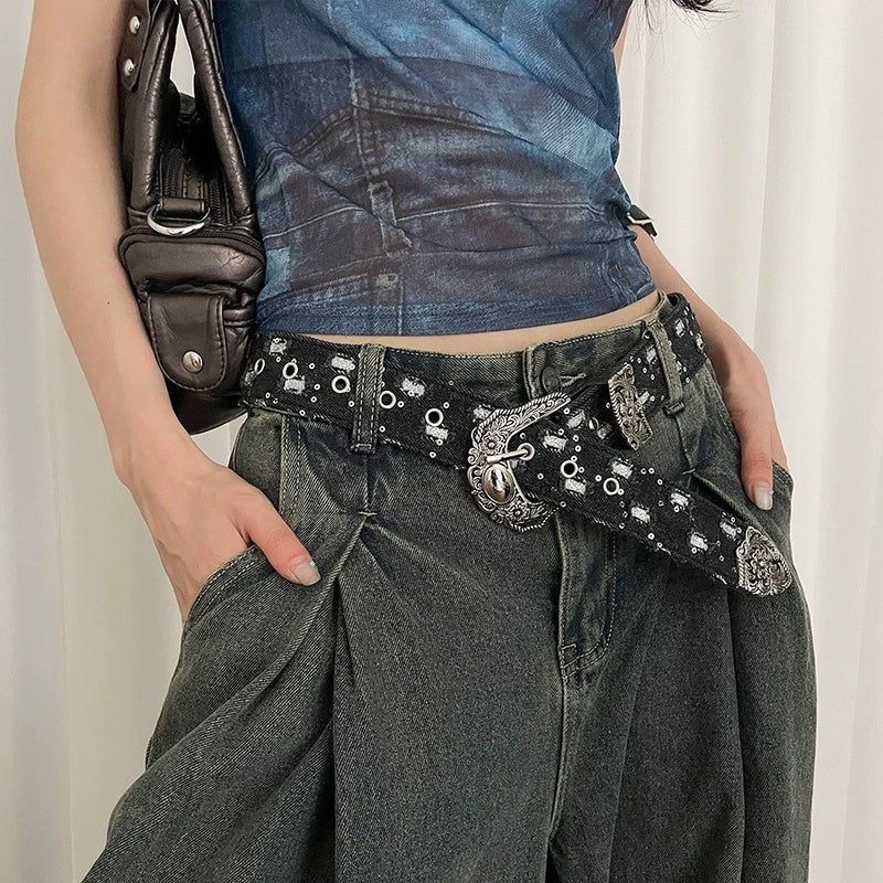 American Girl Y2K Blue Denim Belt Women'S Retro Carved Niche Design Belt Versatile Accessories High-End - Image 4