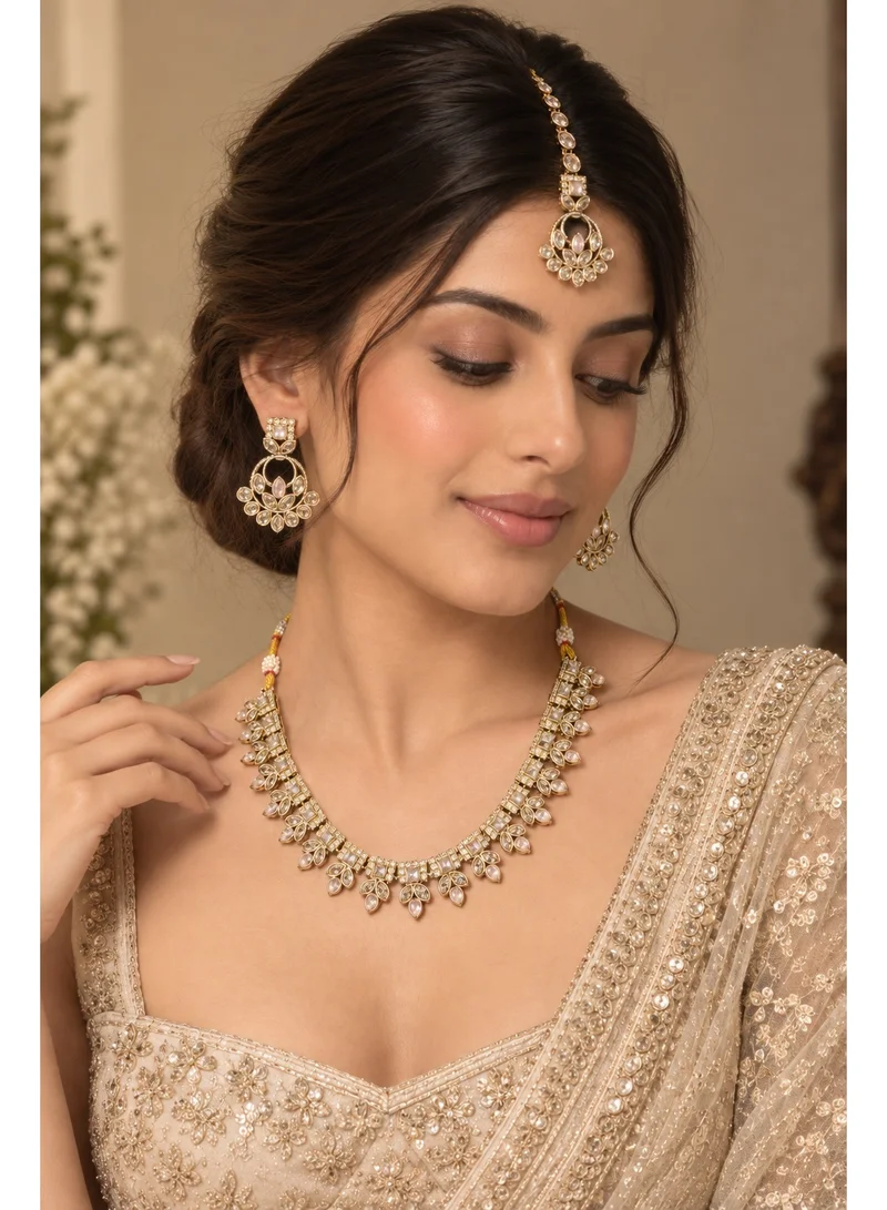 Lehar Blush Pink Kundan Necklace Set with Chandbali Earrings & Maang Tikka - Indian Bridal Jewelry