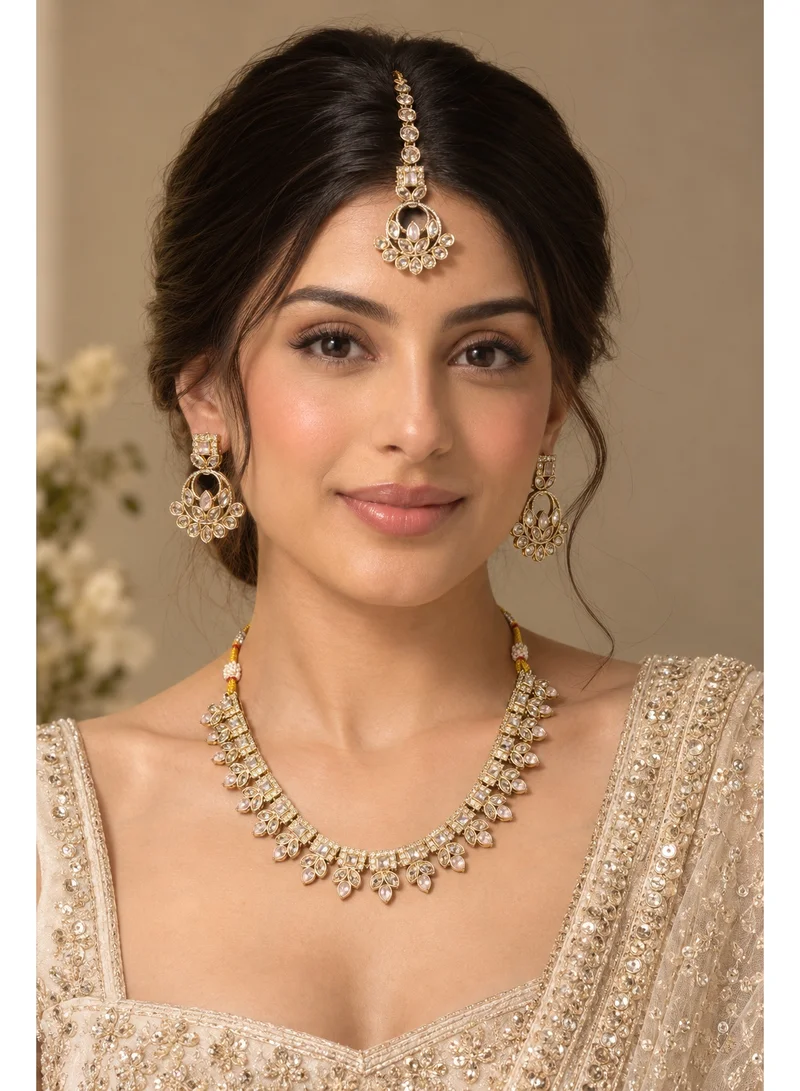 Lehar Blush Pink Kundan Necklace Set with Chandbali Earrings & Maang Tikka - Indian Bridal Jewelry