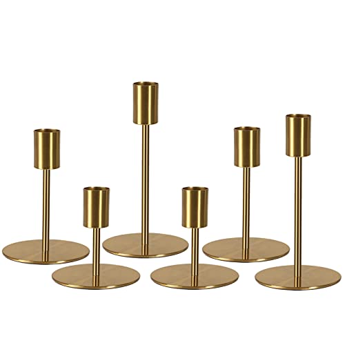 SUJUN Brass Taper Candle Holders - Set of 6 Antique Brass Finish Candlestick Holder, Modern Rustic Metal Candlestick - Image 1