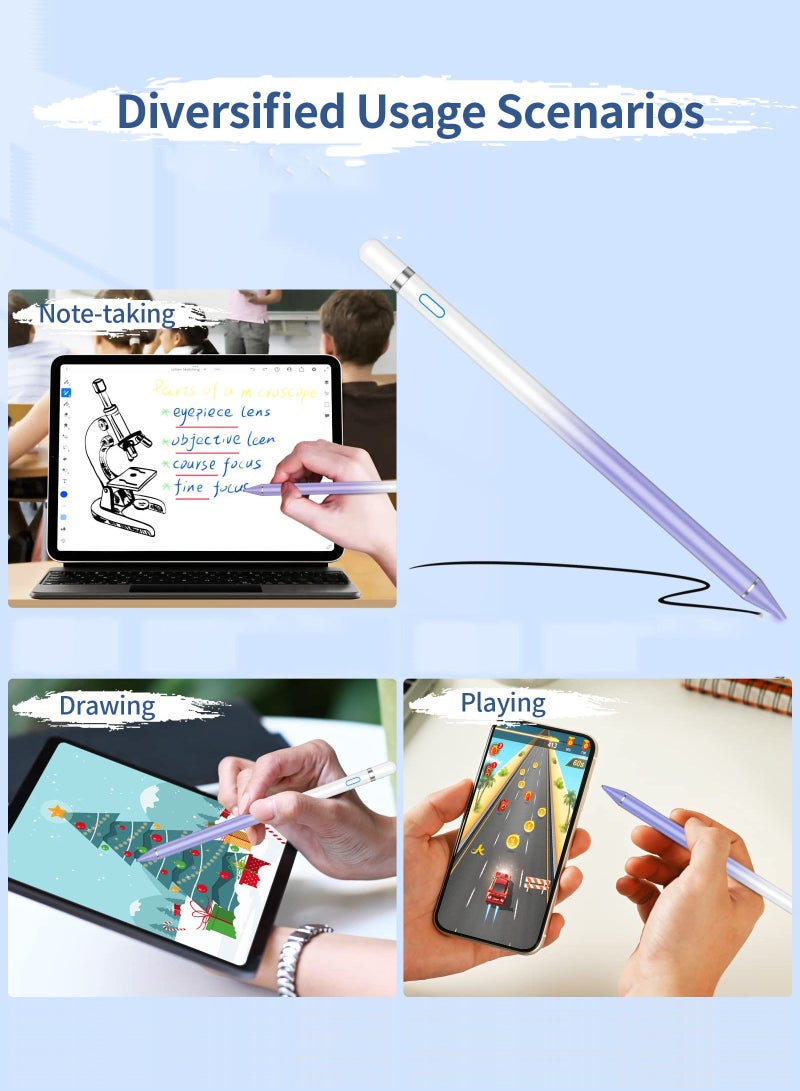 قلم ستايلس لجهاز iPad، قلم ستايلس نشط للشاشات التي تعمل باللمس بطرف رفيع وغطاء مغناطيسي، متوافق مع أجهزة Apple iPad وiPhone وAndroid والكمبيوتر اللوحي وشاشات اللمس السعوية الأخرى (أبيض أرجواني) - Image 2
