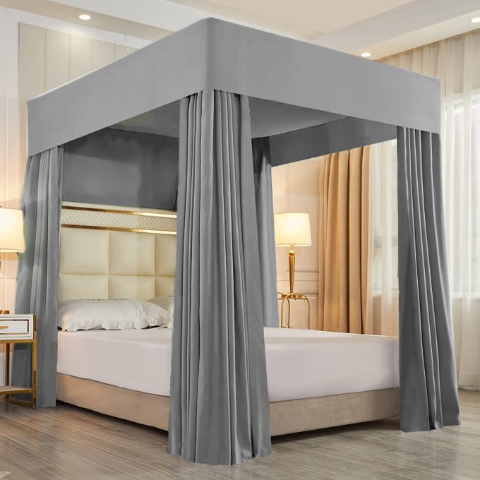 SOLID FOUR CORNER POST CANOPY BED CURTAINS SHEER COVER MOSQUITO NET FOR BOYS KIDS ADULTS BEDROOM DECORATION QUEEN GRAY