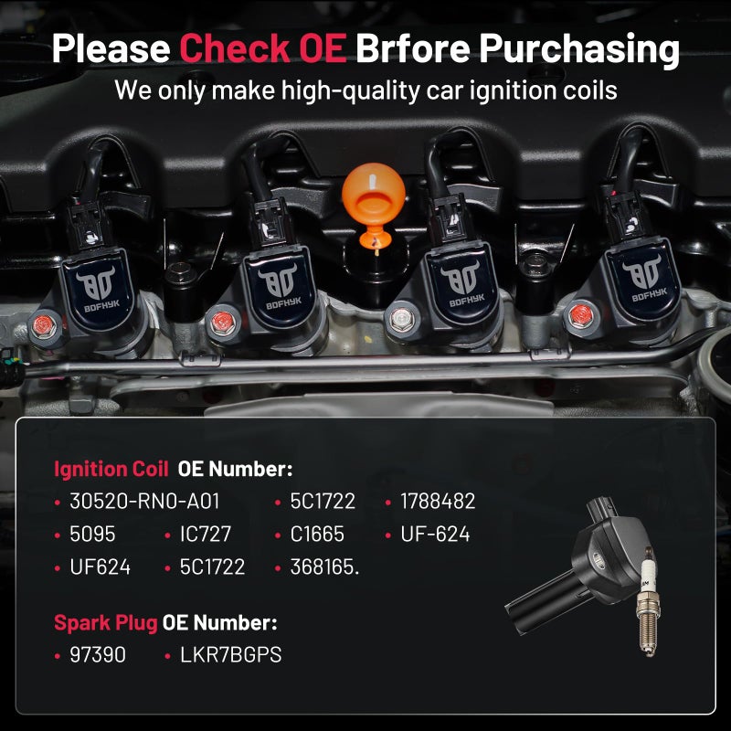 BDFHYK Ignition Coils UF603 and Iridium Spark Plug 97390 Compatible with Honda Accord Odyssey Ridgeline Pilot Acura RL TL TSX ZDX RDX V6 3.5L 3.7L Replaces UF624 5C1722 IC727 C1665 Set of 6 - Image 3