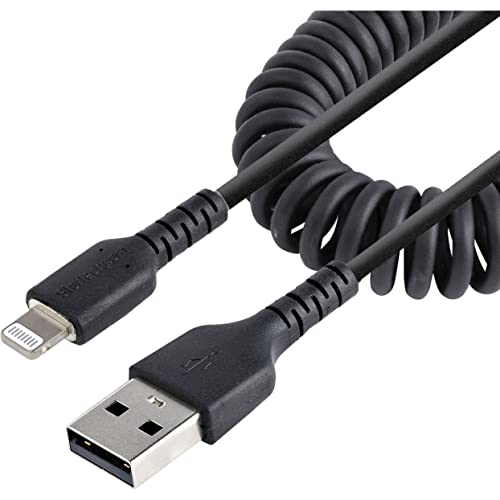 StarTech.com 50cm (20in) USB to Lightning Cable, MFi Certified, Coiled iPhone Charger Cable, Black, Durable TPE Jacket Aramid Fiber, Heavy Duty Coil Lightning Cable (RUSB2ALT50CMBC) - Image 1