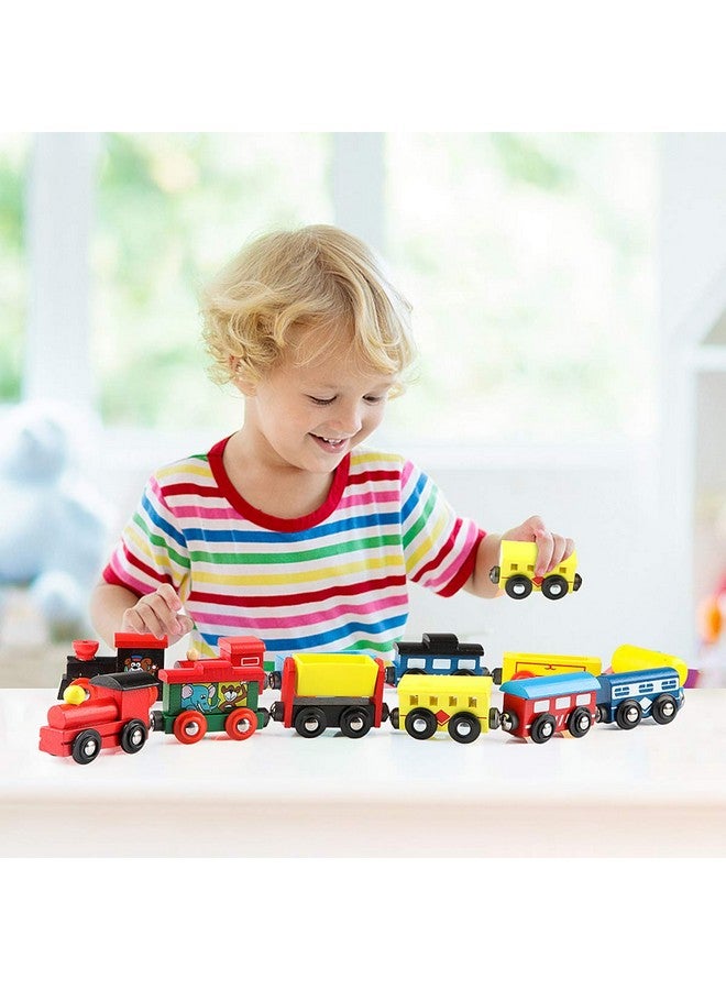Joqutoys Joqutoys 12 PCS Wooden Train Cars, Train Toys Magnetic Set Includes 3 Engines and Storage Bag, Toy Train Sets for Kids Toddler Boys and Girls, Compatible with Major Brands Train Tracks Set  - Image 3