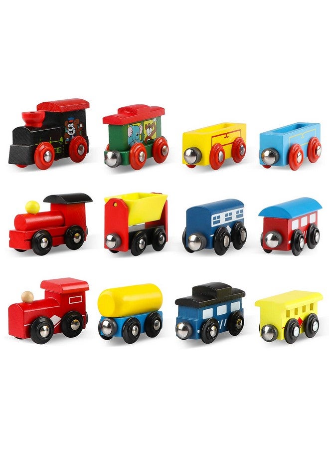 Joqutoys Joqutoys 12 PCS Wooden Train Cars, Train Toys Magnetic Set Includes 3 Engines and Storage Bag, Toy Train Sets for Kids Toddler Boys and Girls, Compatible with Major Brands Train Tracks Set  - Image 4