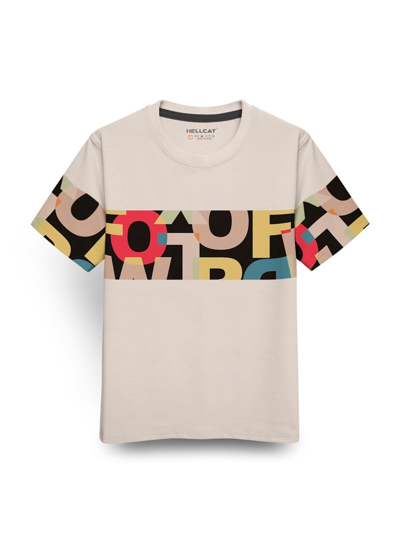 HELLCAT Boys Cotton Blend Regular Fit Trendy Front & Back Graphic Printed Half Sleeve Premium Round Neck Tshirt for Beige 3-4 Years - Image 1