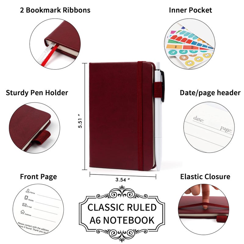 feela 15 Pack Pocket Small Notebooks Bulk, Mini Cute Notepads Hardcover College Ruled Lined Journals with Pen Holder for School Business Memos, with 15 Black Pens, 3.5â€x 5.5â€, A6, Wine - Image 2
