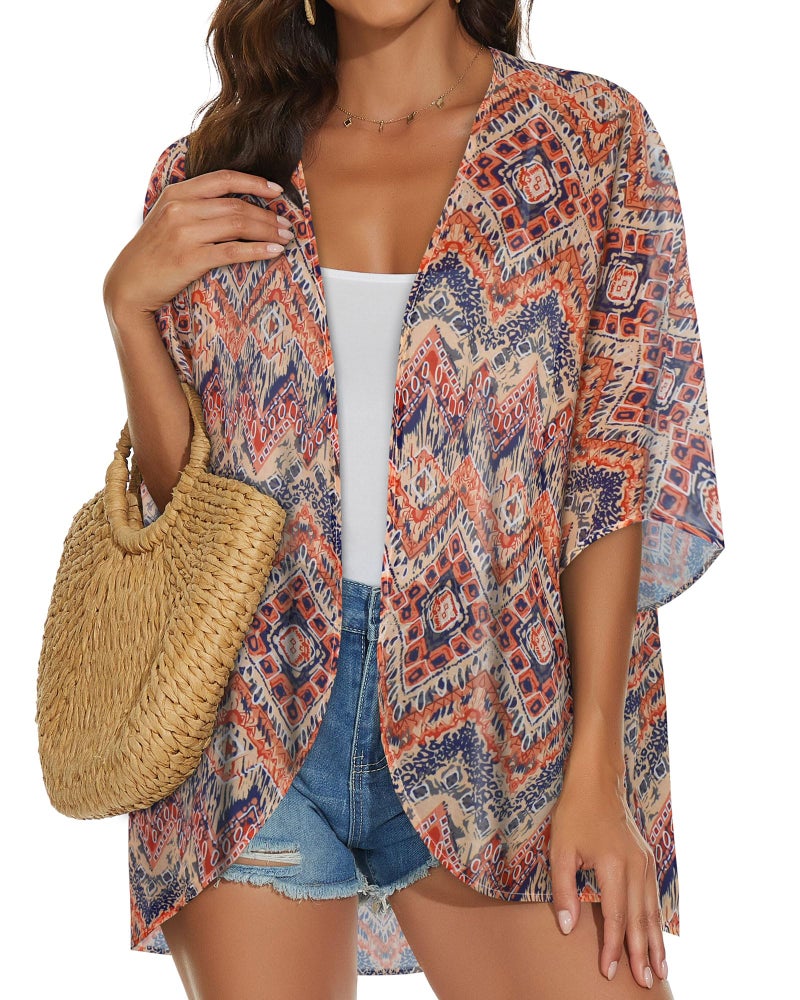 JILUVIN Womens Kimono Cardigans Beach Cover ups Swimwear Puff Sleeve Loose Casual Summer Tops (Boho Orange,L) - Image 3
