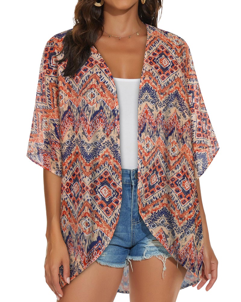 JILUVIN Womens Kimono Cardigans Beach Cover ups Swimwear Puff Sleeve Loose Casual Summer Tops (Boho Orange,L) - Image 5
