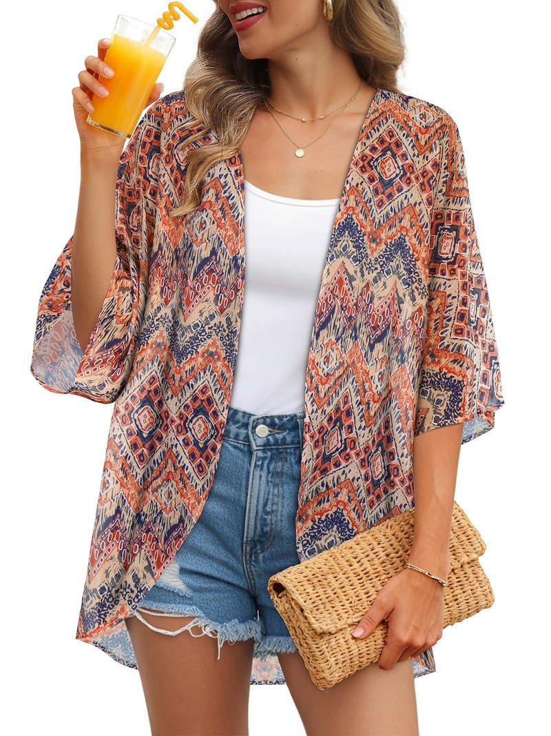 JILUVIN Womens Kimono Cardigans Beach Cover ups Swimwear Puff Sleeve Loose Casual Summer Tops (Boho Orange,L) - Image 1