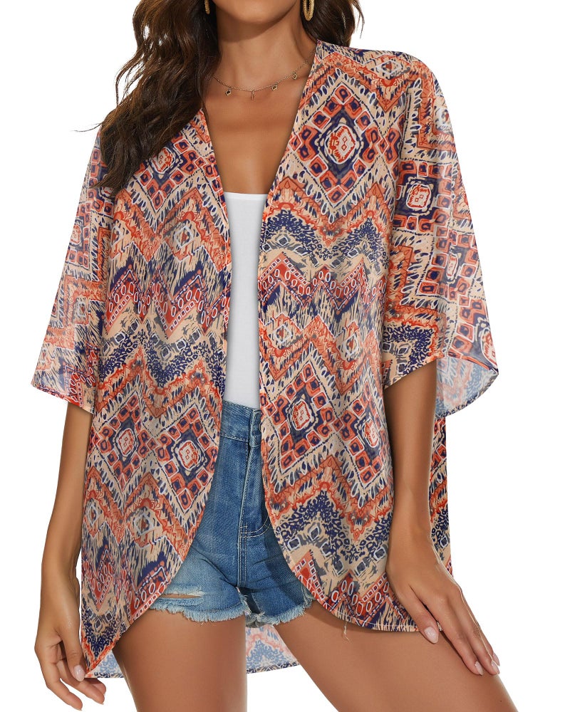 JILUVIN Womens Kimono Cardigans Beach Cover ups Swimwear Puff Sleeve Loose Casual Summer Tops (Boho Orange,L) - Image 2