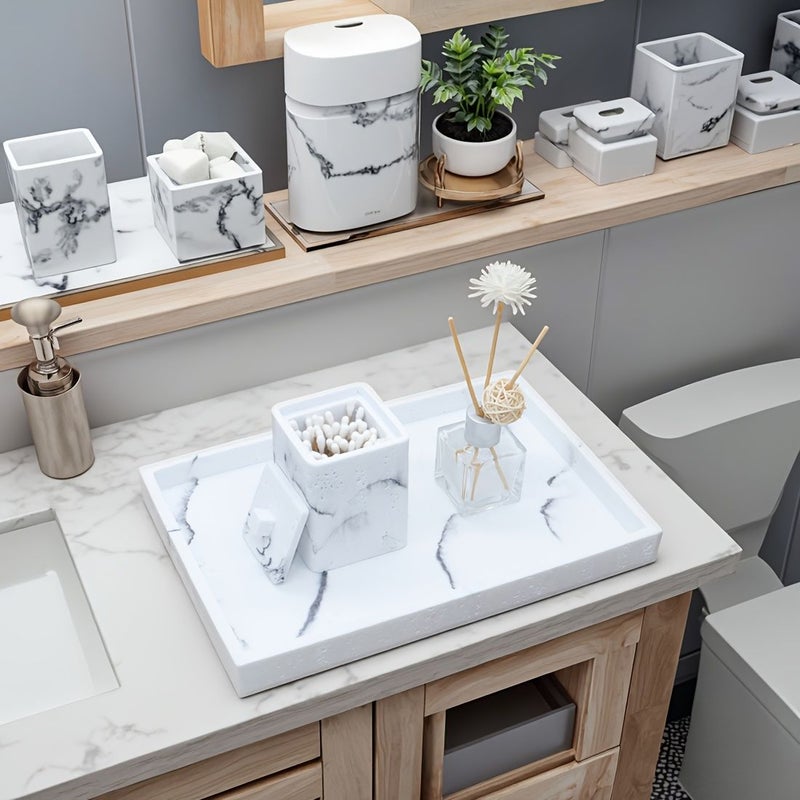 White Cave Stone Marble Effect Bathroom Storage Tray Toiletries Organizer Big Tray - Image 1