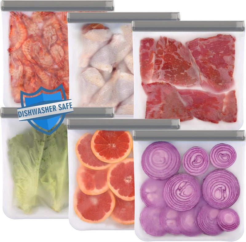 Lerine 6 Pack Reusable Gallon Freezer Bags Dishwasher Safe, BPA Free Reusable 1 Gallon Bags Silicone, Leakproof Reusable Storage Bags for Marinate Meats, Cereal, Vegetables, Home Organization(Grey) - Image 1