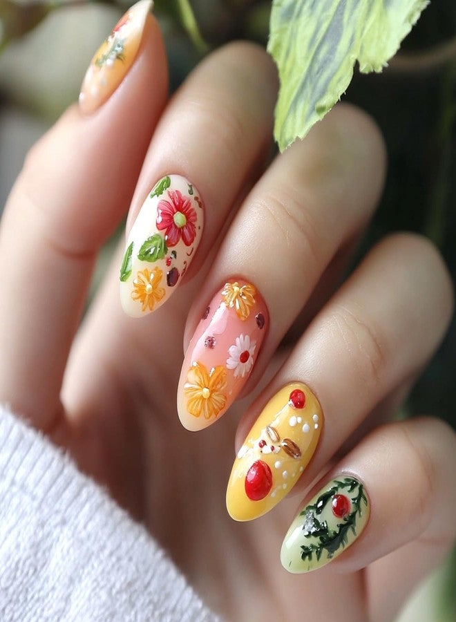 Mkwntg 24Pcs Colorful Flower Press on Nails Short Almond Fake Nails Spring Summer Daisy Full Cover False Nails Mix Color Floral Glossy Acrylic Glue on Nails Stick on Nails for Women Manicure Decor - Image 1
